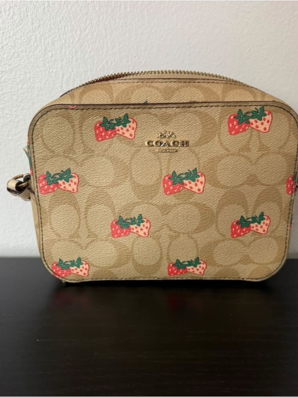 Coach Tan Signature Canvas Crossbody with Red Strawberry Print